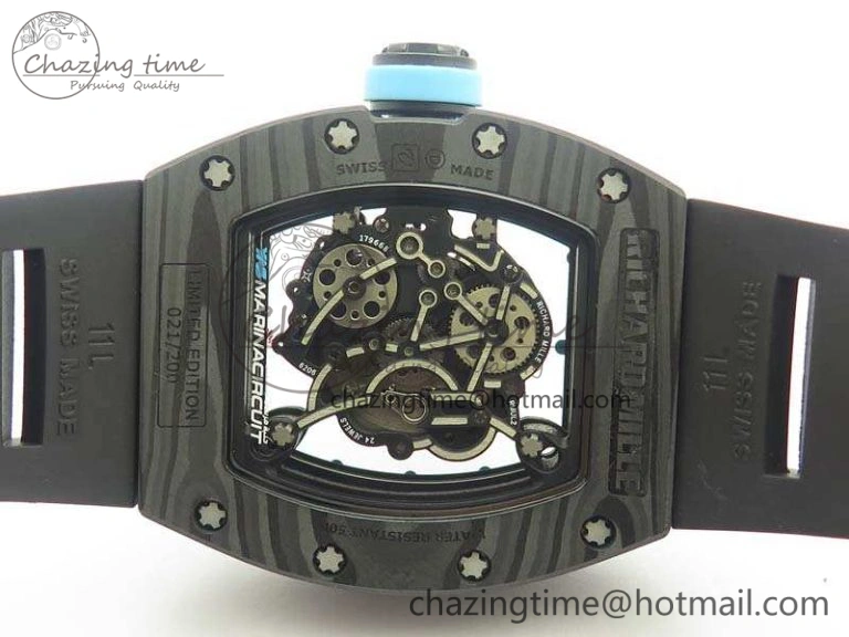 Functional RM055 Carbon Case KVF Best Edition Skeleton Dial Blue Crown On Rubber Strap MIYOTA 9496