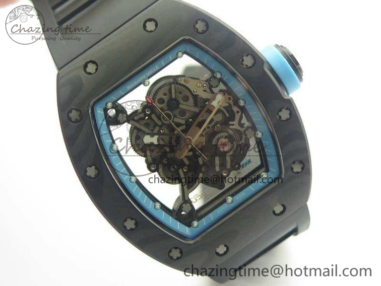 Functional RM055 Carbon Case KVF Best Edition Skeleton Dial Blue Crown On Rubber Strap MIYOTA 9496