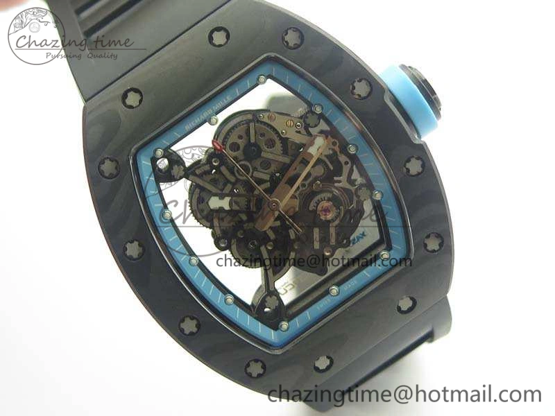 Functional RM055 Carbon Case KVF Best Edition Skeleton Dial Blue Crown On Rubber Strap MIYOTA 9496