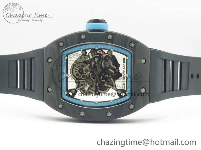 Functional RM055 Carbon Case KVF Best Edition Skeleton Dial Blue Crown On Rubber Strap MIYOTA 9496