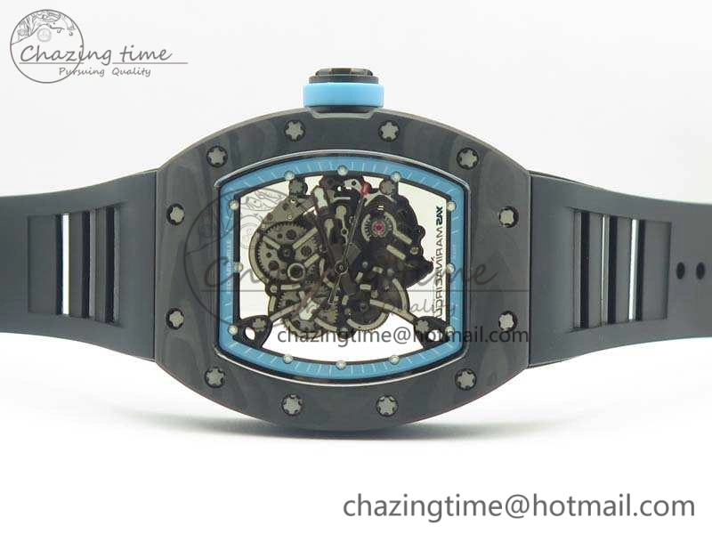 Functional RM055 Carbon Case KVF Best Edition Skeleton Dial Blue Crown On Rubber Strap MIYOTA 9496