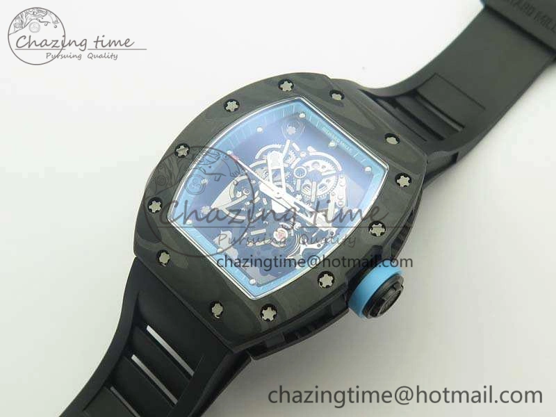 Functional RM055 Carbon Case KVF Best Edition Skeleton Dial Blue Crown On Rubber Strap MIYOTA 9496