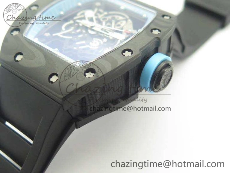 Functional RM055 Carbon Case KVF Best Edition Skeleton Dial Blue Crown On Rubber Strap MIYOTA 9496