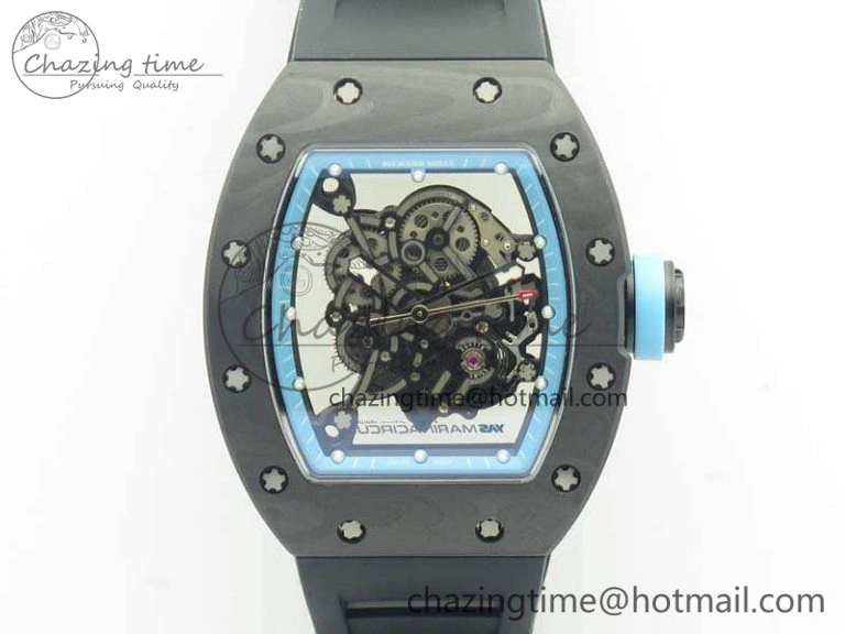 Functional RM055 Carbon Case KVF Best Edition Skeleton Dial Blue Crown On Rubber Strap MIYOTA 9496