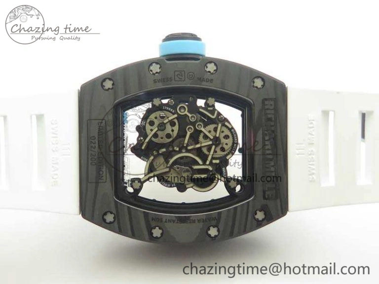 RM055 Carbon Case KVF Best Edition Skeleton Dial Blue Crown On White Rubber Strap MIYOTA Attractive 9494