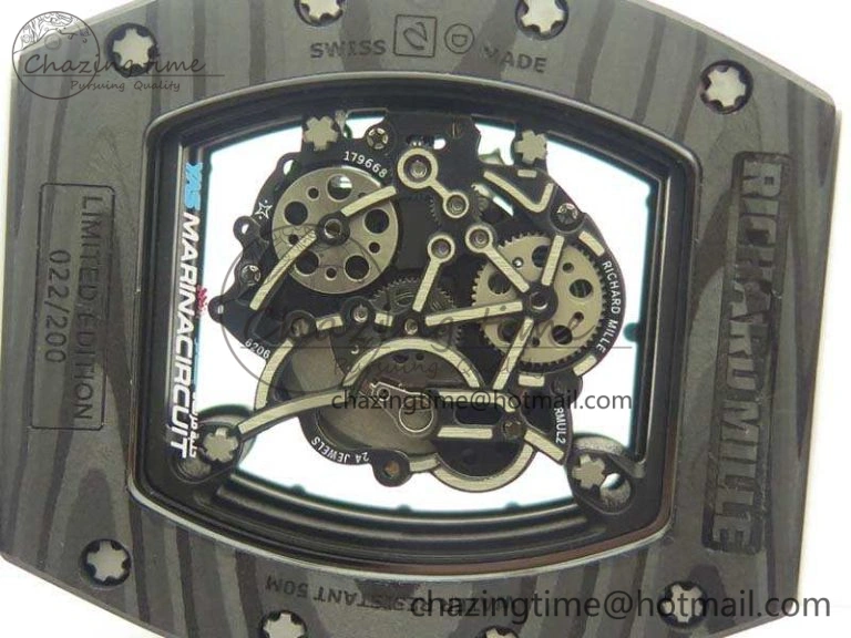 RM055 Carbon Case KVF Best Edition Skeleton Dial Blue Crown On White Rubber Strap MIYOTA Attractive 9494