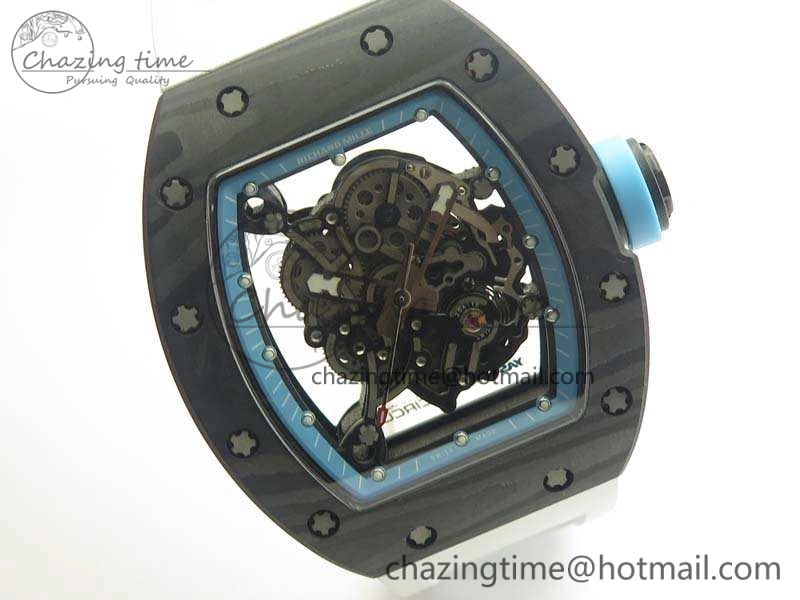 RM055 Carbon Case KVF Best Edition Skeleton Dial Blue Crown On White Rubber Strap MIYOTA Attractive 9494