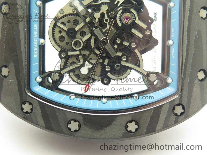 RM055 Carbon Case KVF Best Edition Skeleton Dial Blue Crown On White Rubber Strap MIYOTA Attractive 9494