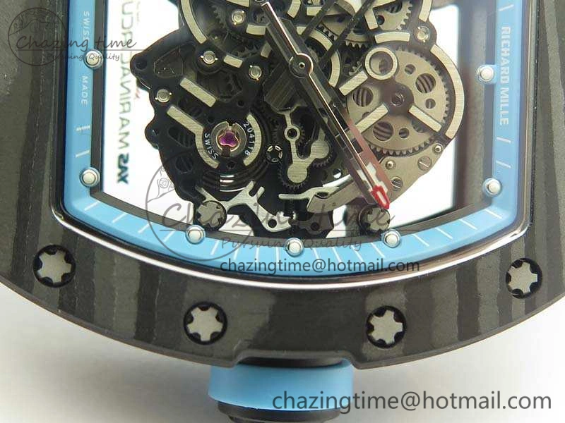 RM055 Carbon Case KVF Best Edition Skeleton Dial Blue Crown On White Rubber Strap MIYOTA Attractive 9494