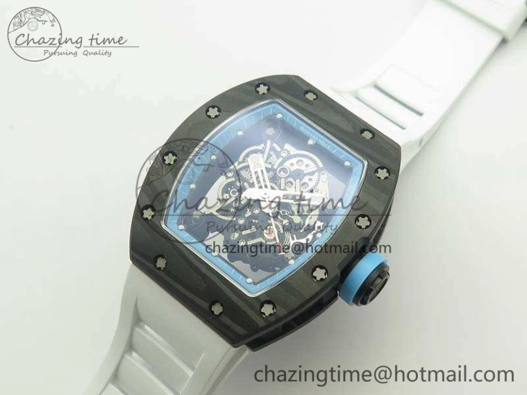 RM055 Carbon Case KVF Best Edition Skeleton Dial Blue Crown On White Rubber Strap MIYOTA Attractive 9494