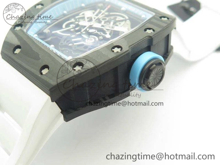 RM055 Carbon Case KVF Best Edition Skeleton Dial Blue Crown On White Rubber Strap MIYOTA Attractive 9494