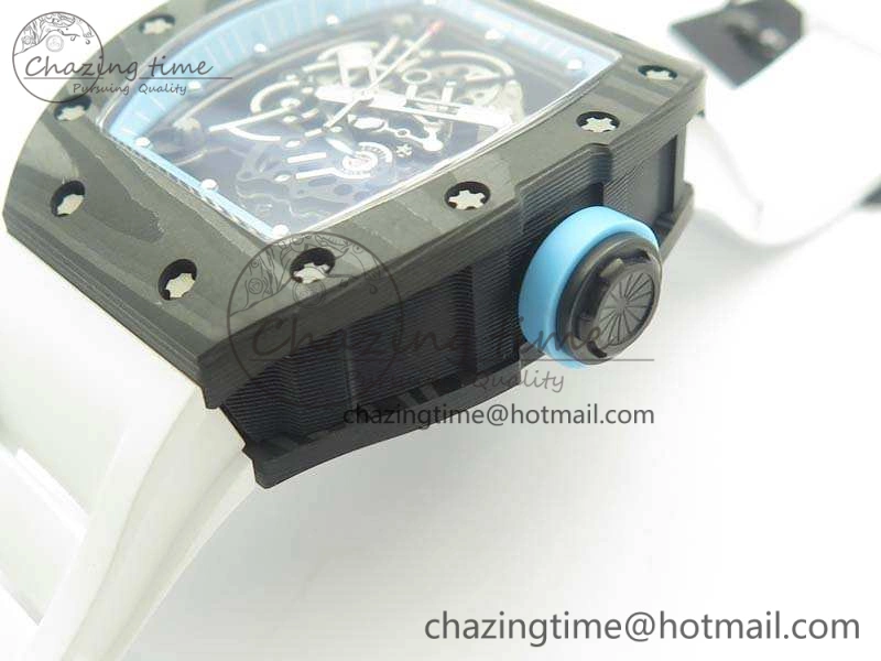 RM055 Carbon Case KVF Best Edition Skeleton Dial Blue Crown On White Rubber Strap MIYOTA Attractive 9494