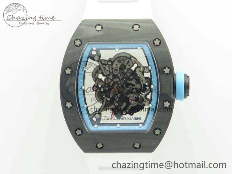 RM055 Carbon Case KVF Best Edition Skeleton Dial Blue Crown On White Rubber Strap MIYOTA Attractive 9494