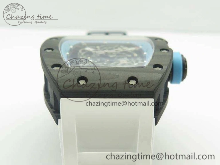 RM055 Carbon Case KVF Best Edition Skeleton Dial Blue Crown On White Rubber Strap MIYOTA Attractive 9494