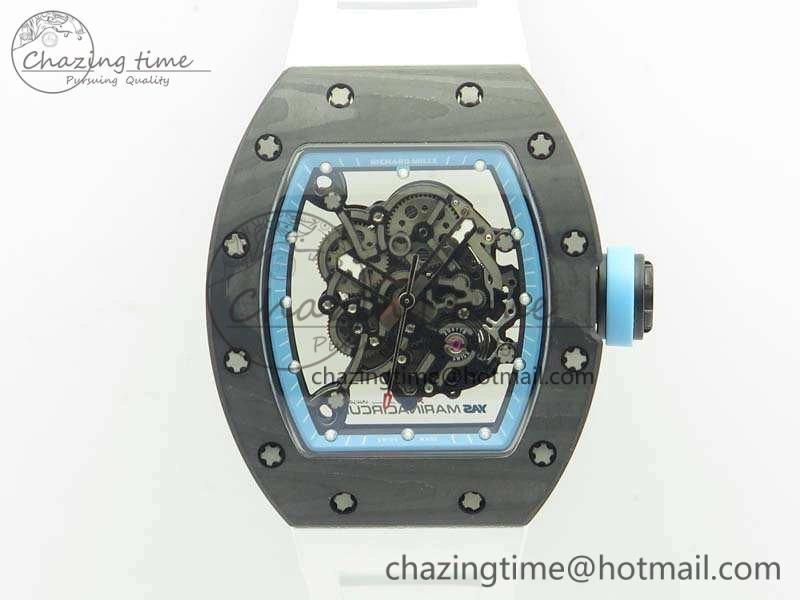 RM055 Carbon Case KVF Best Edition Skeleton Dial Blue Crown On White Rubber Strap MIYOTA Attractive 9494