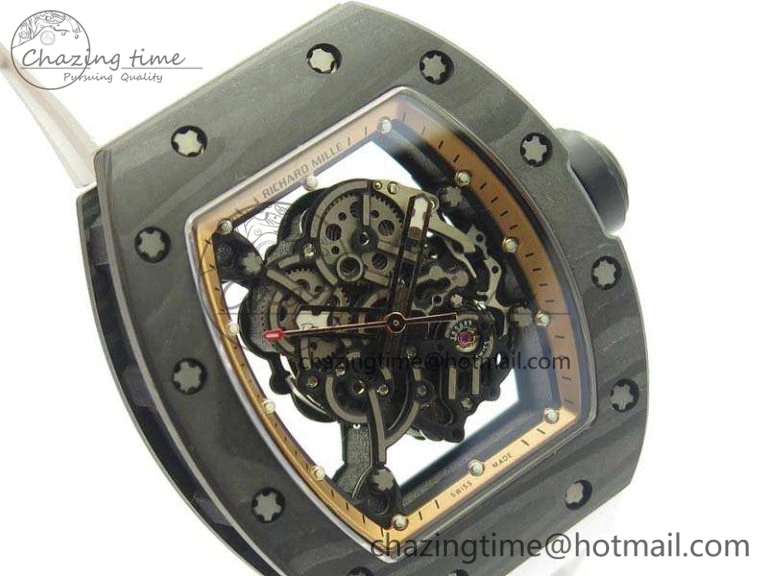 Attractive RM055 Carbon Case KVF Best Edition Skeleton Dial Gold Inner Bezel On Rubber Strap MIYOTA 9502