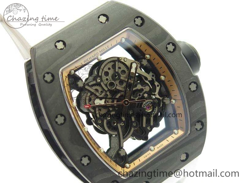 Attractive RM055 Carbon Case KVF Best Edition Skeleton Dial Gold Inner Bezel On Rubber Strap MIYOTA 9502