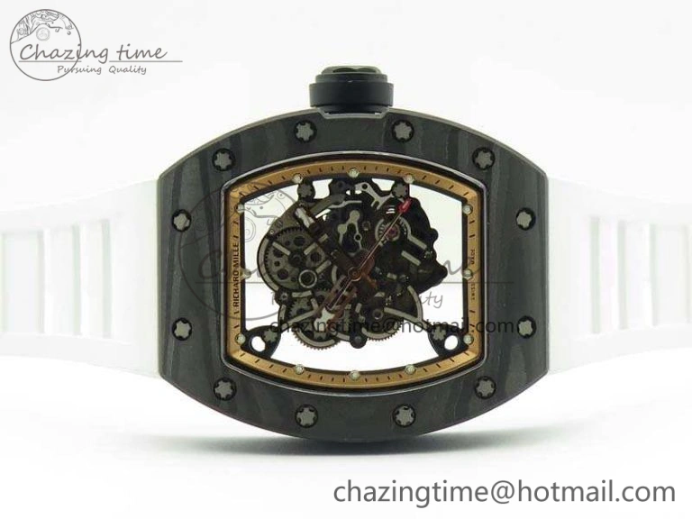Attractive RM055 Carbon Case KVF Best Edition Skeleton Dial Gold Inner Bezel On Rubber Strap MIYOTA 9502
