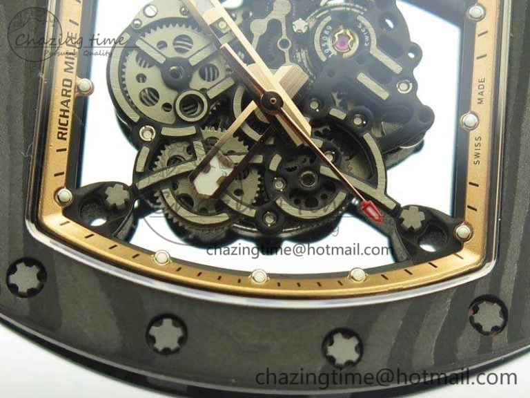 Attractive RM055 Carbon Case KVF Best Edition Skeleton Dial Gold Inner Bezel On Rubber Strap MIYOTA 9502