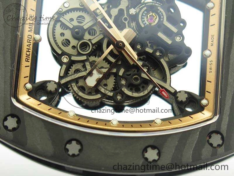 Attractive RM055 Carbon Case KVF Best Edition Skeleton Dial Gold Inner Bezel On Rubber Strap MIYOTA 9502