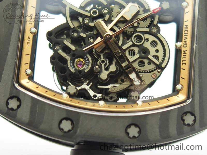 Attractive RM055 Carbon Case KVF Best Edition Skeleton Dial Gold Inner Bezel On Rubber Strap MIYOTA 9502