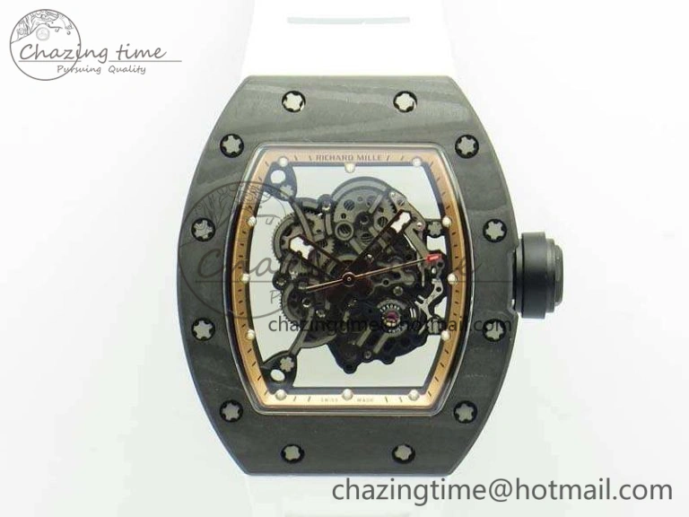 Attractive RM055 Carbon Case KVF Best Edition Skeleton Dial Gold Inner Bezel On Rubber Strap MIYOTA 9502