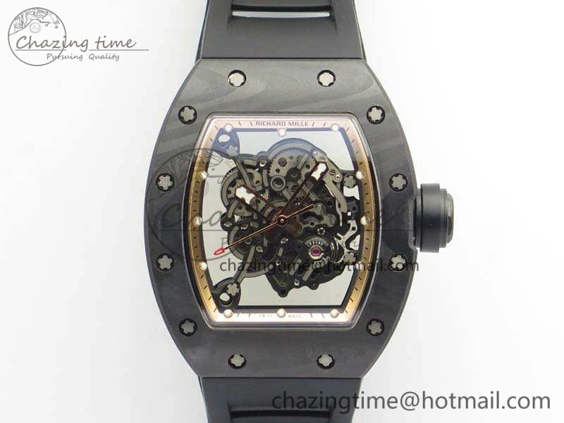 RM055 Forged Carbon Case KVF Best Edition Skeleton Dial Black Crown On Rubber Strap MIYOTA Effortless 9532