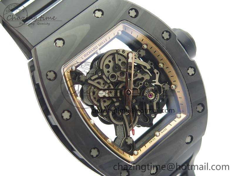 RM055 Forged Carbon Case KVF Best Edition Skeleton Dial Black Crown On Rubber Strap MIYOTA Effortless 9532