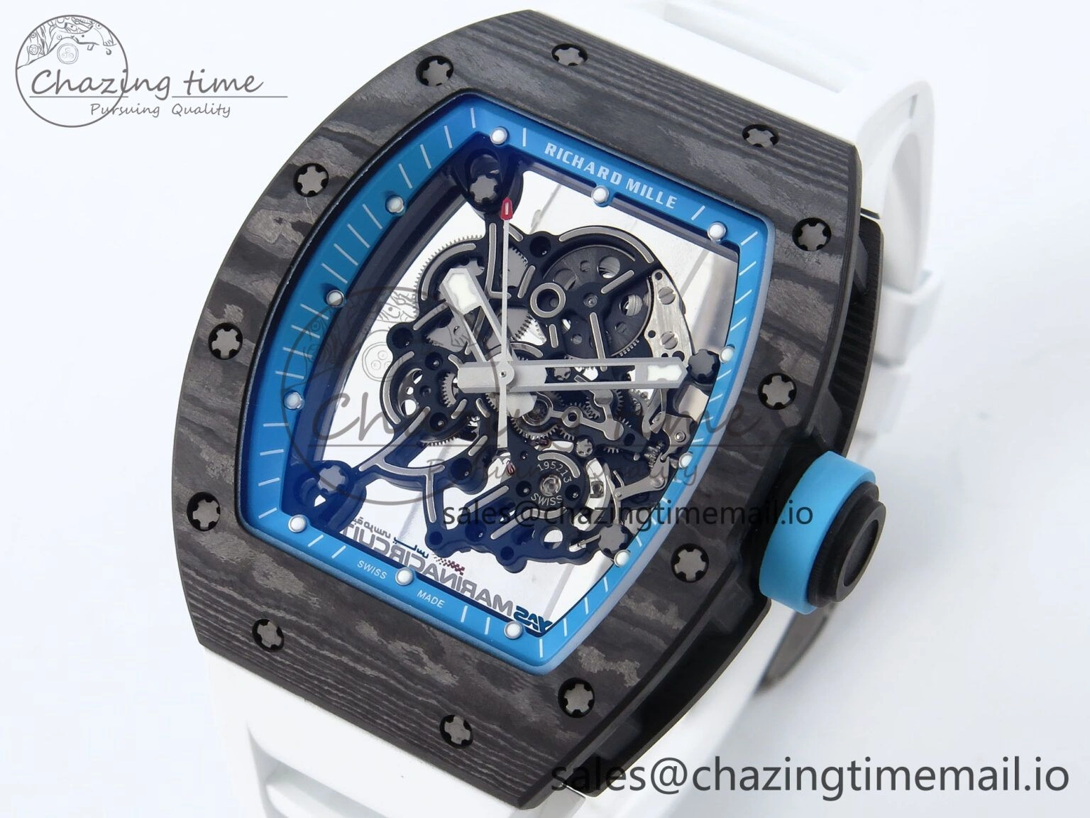 RM055 NTPT APSF 1:1 Best Edition White Bezel Blue Crown on Rubber Strap RMUL2 Super Clone TravelReady 9236