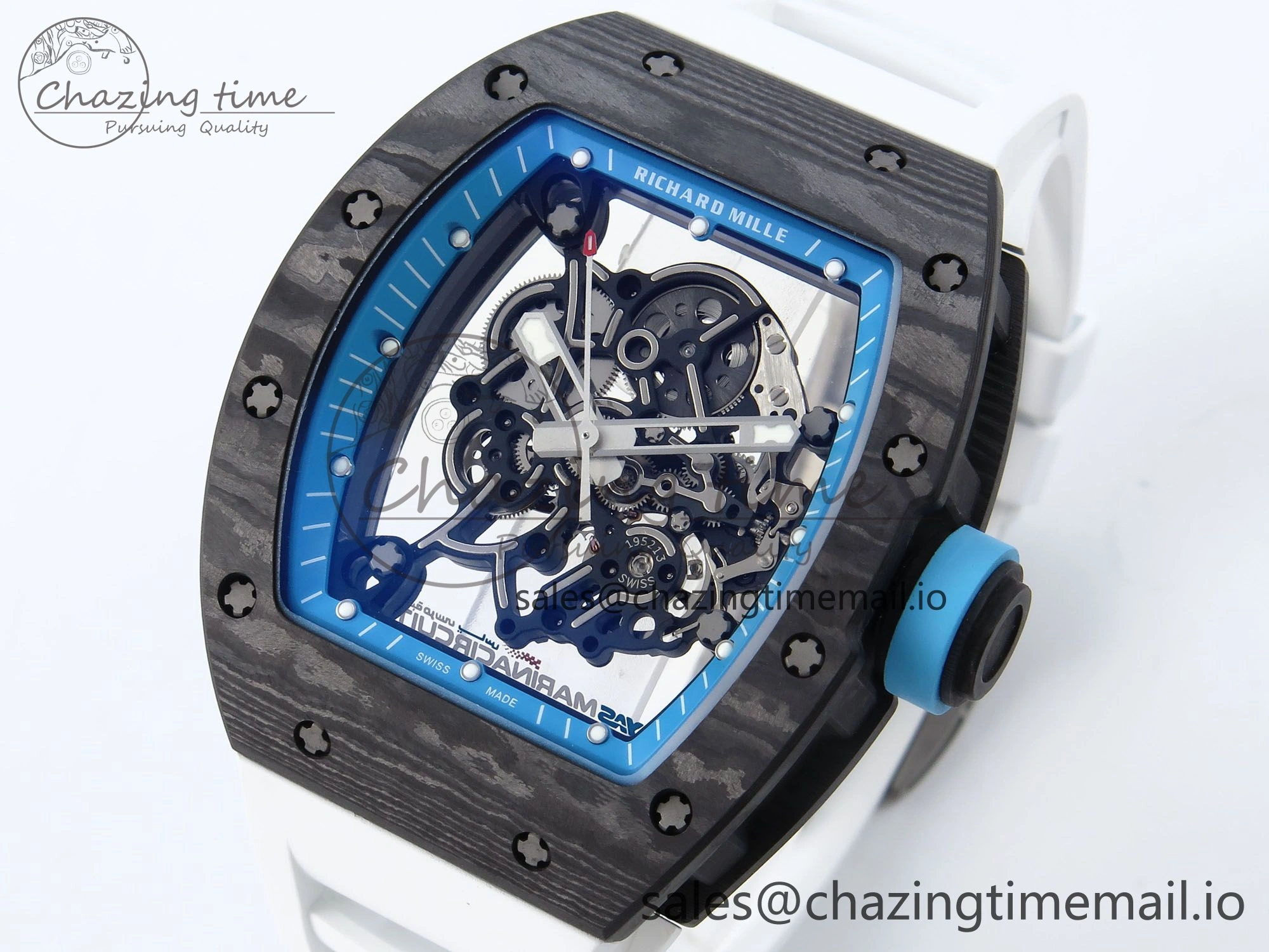 RM055 NTPT APSF 1:1 Best Edition White Bezel Blue Crown on Rubber Strap RMUL2 Super Clone TravelReady 9236