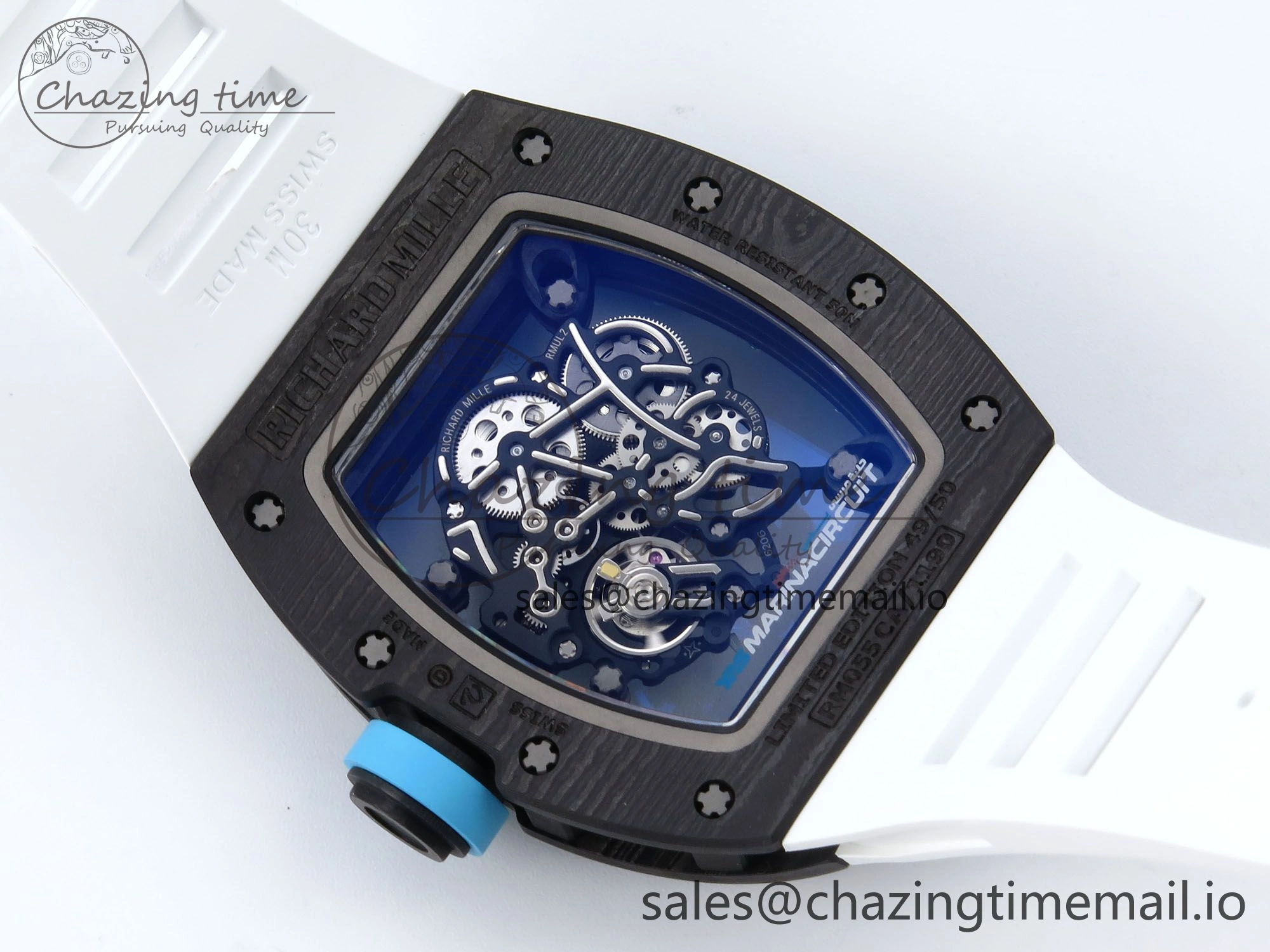 RM055 NTPT APSF 1:1 Best Edition White Bezel Blue Crown on Rubber Strap RMUL2 Super Clone TravelReady 9236