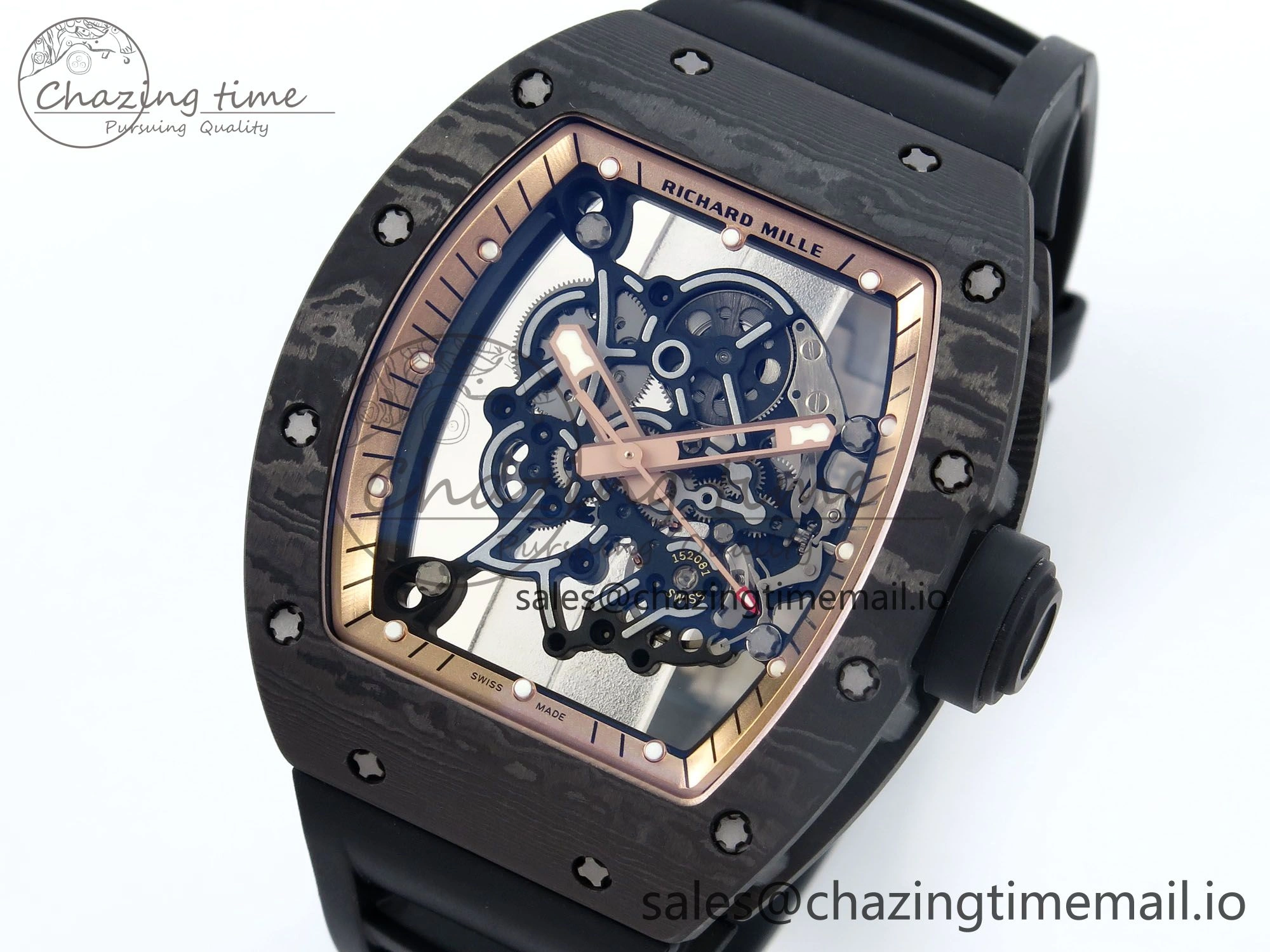 Stylish RM055 NTPT UOKF 1:1 Best Edition RG Inner Bezel Black Crown on Black Rubber Strap RMUL2 Super Clone 9224