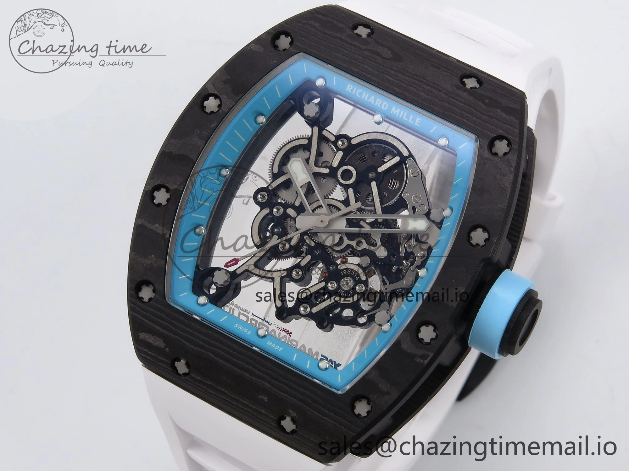 ZeroBulk RM055 NTPT YSF 1:1 Best Edition Blue Bezel Blue Crown on White Rubber Strap RMUL2 Super Clone 9247