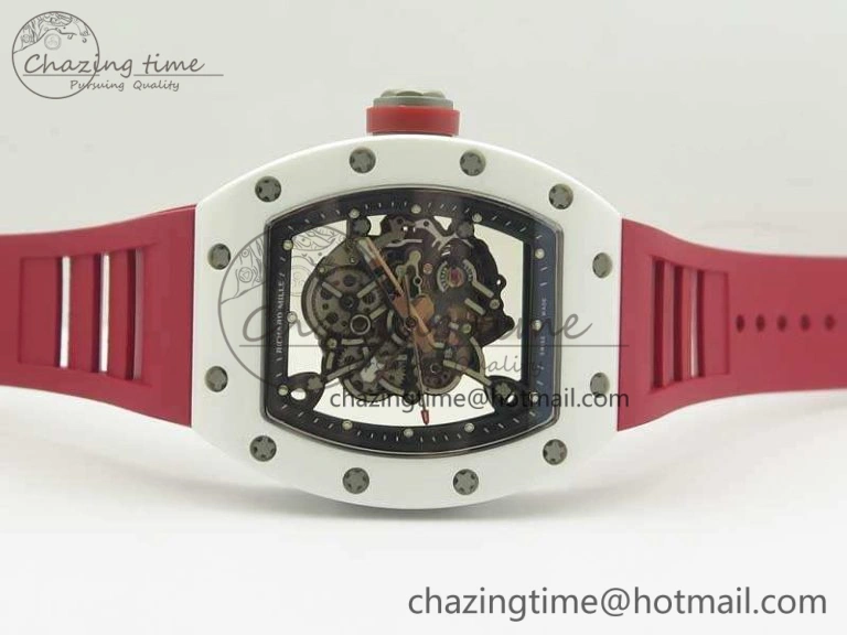 Bold RM055 Real All White Ceramic KVF Best Edition Skeleton Dial Red On Red Rubber Strap MIYOTA8215 V 9486