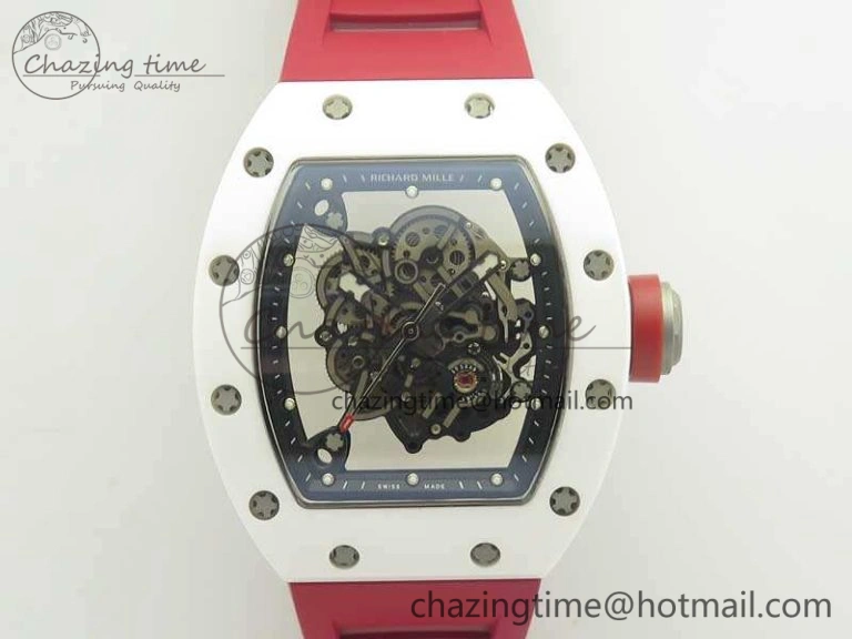 Bold RM055 Real All White Ceramic KVF Best Edition Skeleton Dial Red On Red Rubber Strap MIYOTA8215 V 9486
