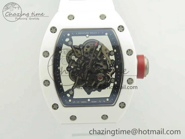Soft RM055 Real All White Ceramic KVF Best Edition Skeleton Dial Red On Rubber Strap MIYOTA8215 V 9488