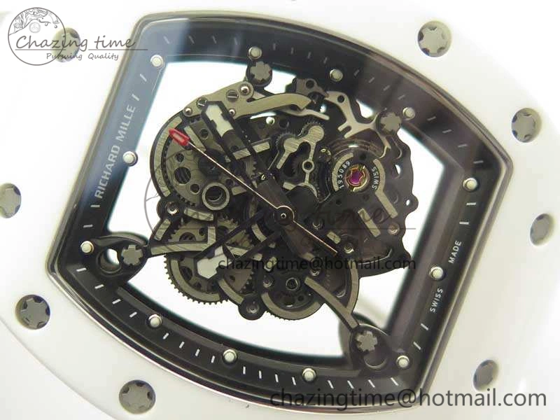 Soft RM055 Real All White Ceramic KVF Best Edition Skeleton Dial Red On Rubber Strap MIYOTA8215 V 9488
