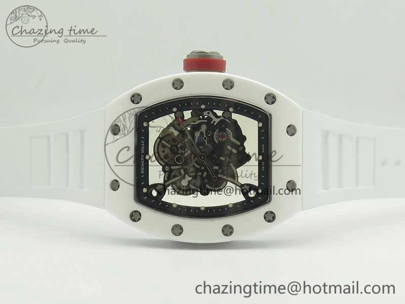 Soft RM055 Real All White Ceramic KVF Best Edition Skeleton Dial Red On Rubber Strap MIYOTA8215 V 9488