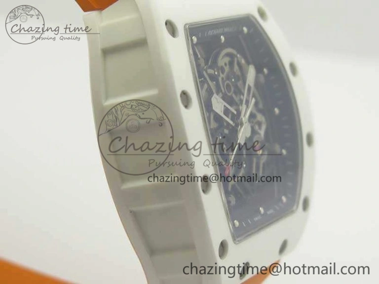 RM055 Real All White Ceramic KVF Best Edition Skeleton Dial White On Orange Rubber Strap MIYOTA8215 V Attractive 9487