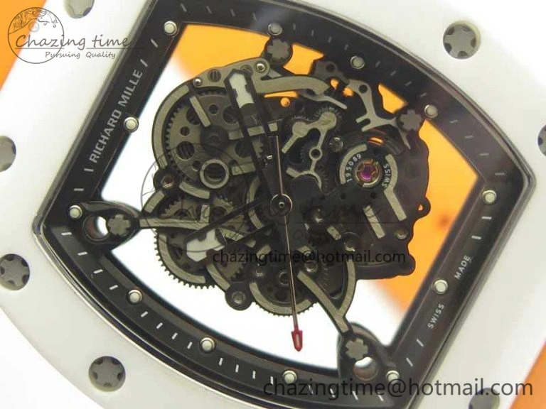 RM055 Real All White Ceramic KVF Best Edition Skeleton Dial White On Orange Rubber Strap MIYOTA8215 V Attractive 9487