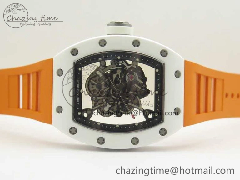 RM055 Real All White Ceramic KVF Best Edition Skeleton Dial White On Orange Rubber Strap MIYOTA8215 V Attractive 9487