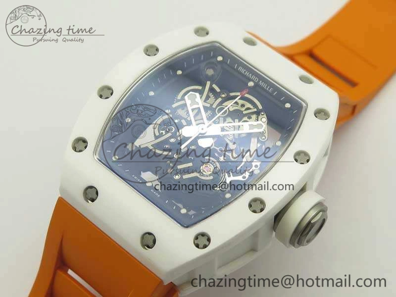 RM055 Real All White Ceramic KVF Best Edition Skeleton Dial White On Orange Rubber Strap MIYOTA8215 V Attractive 9487