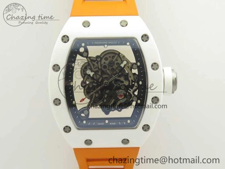 RM055 Real All White Ceramic KVF Best Edition Skeleton Dial White On Orange Rubber Strap MIYOTA8215 V Attractive 9487
