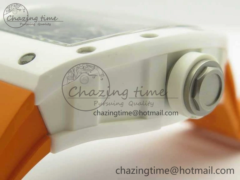 RM055 Real All White Ceramic KVF Best Edition Skeleton Dial White On Orange Rubber Strap MIYOTA8215 V Attractive 9487