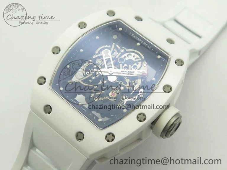 RM055 Real All White Ceramic KVF Best Edition Skeleton Dial White On Rubber Strap MIYOTA8215 V Seasonal 9489