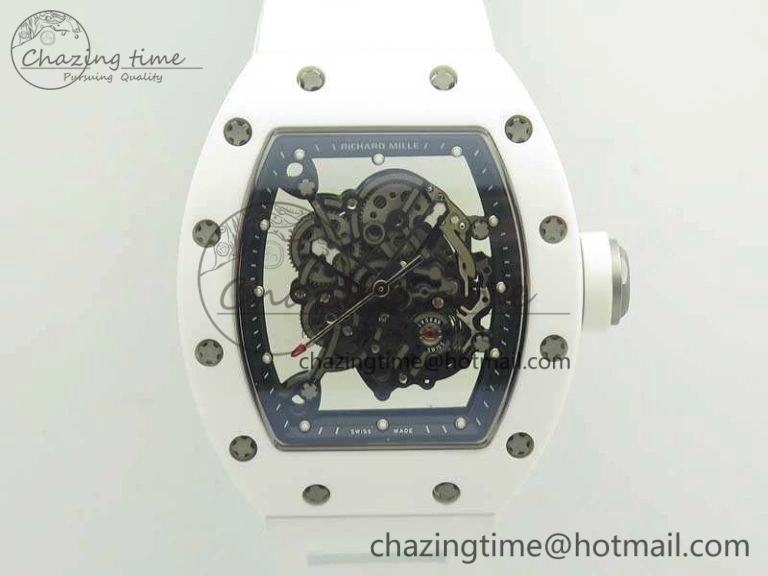 RM055 Real All White Ceramic KVF Best Edition Skeleton Dial White On Rubber Strap MIYOTA8215 V Seasonal 9489