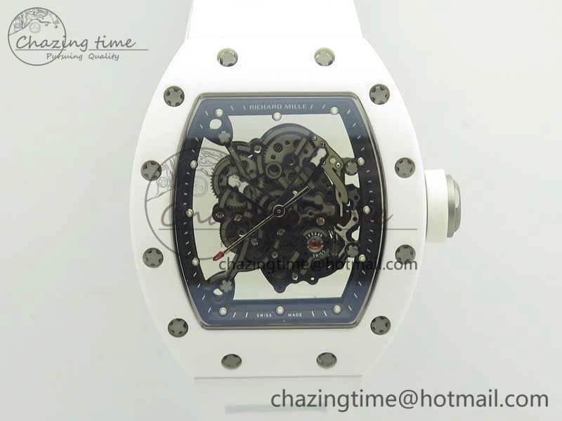 RM055 Real All White Ceramic KVF Best Edition Skeleton Dial White On Rubber Strap MIYOTA8215 V Seasonal 9489