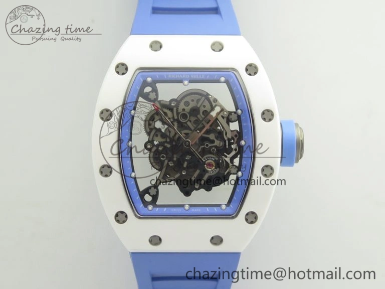 Unique RM055 Real White Ceramic Case KVF Best Edition Blue Inner Bezel Skeleton Dial Blue On Blue Rubber Strap MIYOTA8215 V 9482