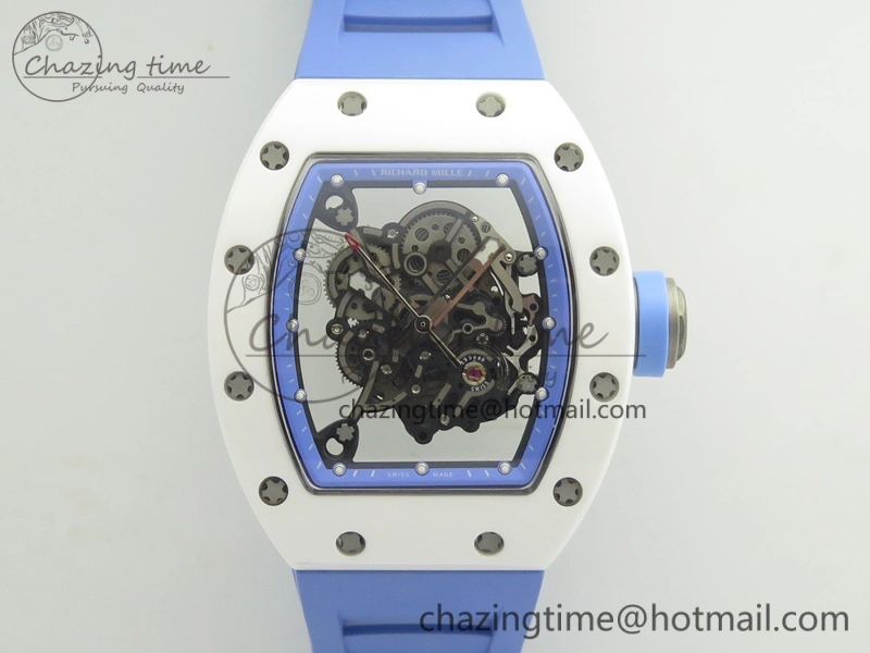 Unique RM055 Real White Ceramic Case KVF Best Edition Blue Inner Bezel Skeleton Dial Blue On Blue Rubber Strap MIYOTA8215 V 9482