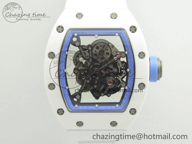 RM055 Real White Ceramic Case KVF Best Edition Blue Inner Bezel Skeleton Dial Blue On White Rubber Strap MIYOTA8215 V SmartChoice 9483